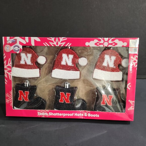 Nebraska Husker 6 Pack Christmas Team Shatterproof Glittered Santa Hats and Boot - Picture 1 of 7
